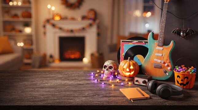 Electric guitar with jack-o-lantern and sugar skull on wooden table for Halloween party. Music gear with vinyl record and headphones in cozy decorated living room for autumn holiday