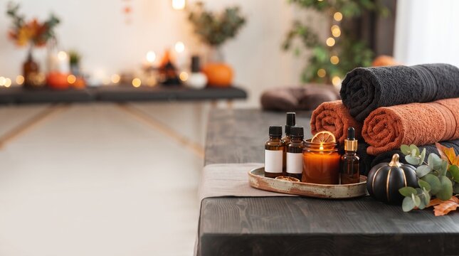 Aromatherapy oils and folded towels on massage table with pumpkin decor. Wellness spa salon interior with cozy autumn theme. Relaxation session for health and body care treatments