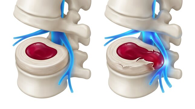 Anatomical illustration showing healthy spinal disc versus herniated disc