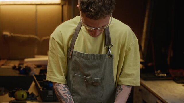 Young adult Caucasian male carpenter marking OSB wood panel with pencil and ruler on workbench in workshop. Video is ideal for DIY craftsmanship, carpentry business, and vocational training ads