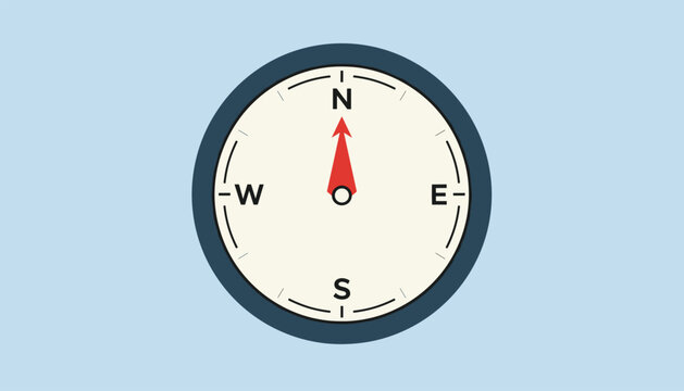 Classic navigation compass with a red arrow pointing directly north isolated on a clean light blue background.