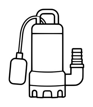 Minimalist black outline vector icon of a submersible water pump with attached float switch and threaded hose outlet, hand-drawn industrial illustration on white background for technical and plumbing