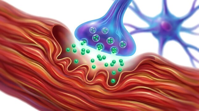 Detailed biological illustration of synaptic neurotransmitter transmission