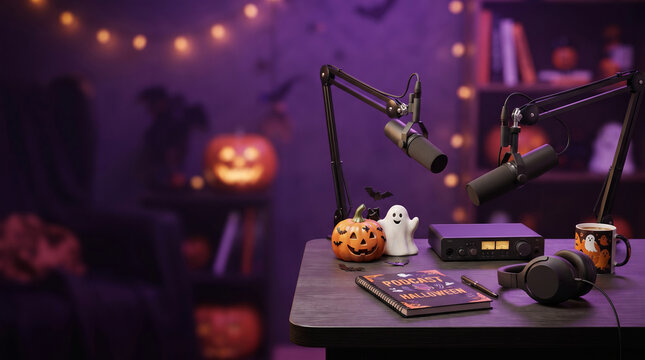 Podcast setup on desk with pumpkin and ghost decor. Professional microphones and headphones for audio recording. Halloween themed content creation studio atmosphere for spooky holiday record