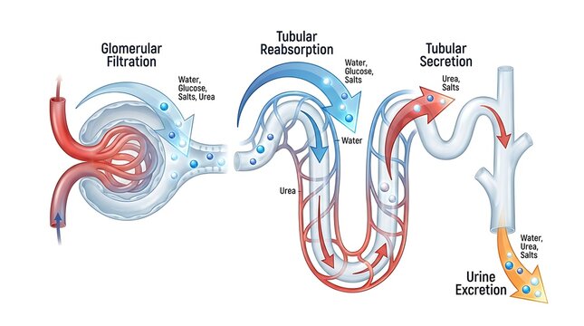 Anatomical diagram explaining renal nephron filtration reabsorption secretion