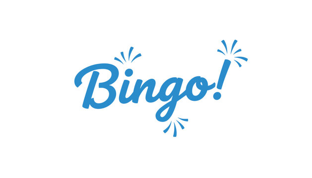 Celebratory bingo text written in a blue script font with playful firework rays on a white background.