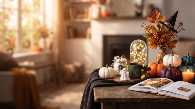 Halloween home decoration with little pumpkins, witch hat, mug, and fairy lights on wooden table. Cozy interior design for autumn holiday celebration. Fall festive spirit concept