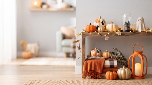 Decorative table with autumn pumpkins, ghost figure and lantern for Halloween celebration. Cosy living room interior with fall themed home decor items and warm string fairy light