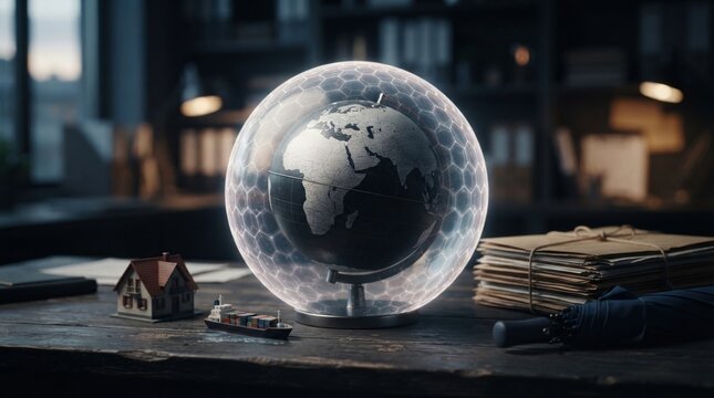Global insurance resilience with shielded globe, policy folders, house model, cargo ship, and umbrella on a desk