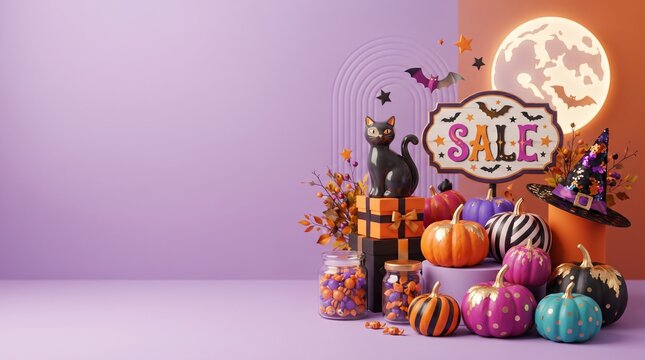 Halloween sale banner with decorative pumpkins, black cat, witch hat, and candies. Festive holiday composition with neon moon and bat for seasonal retail promotion and marketing background