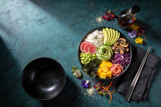 Sushi-inspired poke bowl with avocado mango edamame and cucumber ribbons on teal surface, with empty black bowl and space for copy