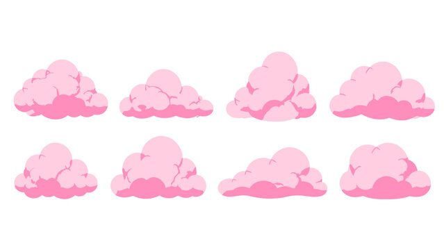 Set of pink cartoon clouds isolated on white background