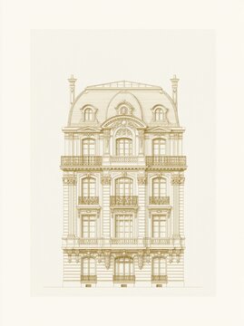 Ornate historic townhouse facade in fine line drawing