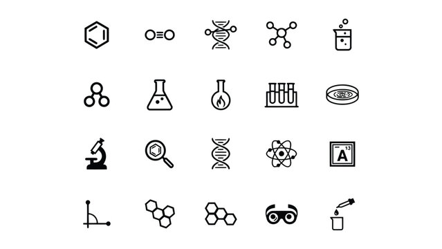 Collection of scientific and chemistry icons isolated on transparent background