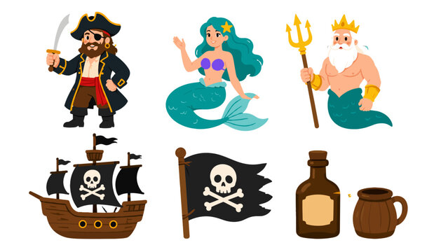 Cartoon pirate, mermaid, sea king, ship, flag, bottle and mug