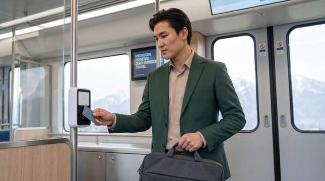 Young East Asian executive taps a payment card at a wireless reader while carrying a briefcase inside a hydrogen fuel cell train, blending corporate mobility with modern low carbon digital transit
