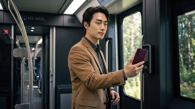 Young Asian executive presents a smartphone to an onboard fare reader while riding through a forest aboard a hydrogen fuel cell train, illustrating secure mobile payment and clean rail innovation