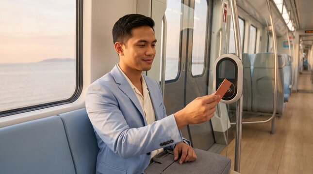 Young Asian businessman seated beside a coastal window taps a payment card on an onboard reader inside a hydrogen rail carriage, connecting cashless commuting with serene low emission travel