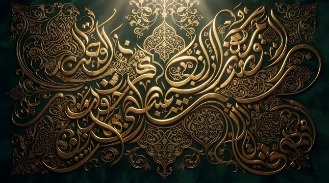 Ornate gold arabic calligraphy on dark green background
