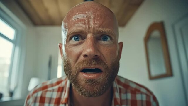 Surprised caucasian male adult with hands on head in plaid shirt