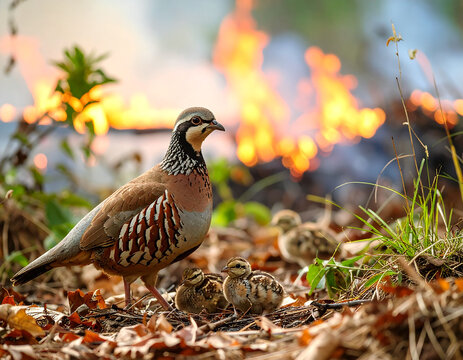 Perdiz con sus cr&iacute;as en un incendio forestal en el bosque, concepto de peligro del fuego para la fauna silvestre, la biodiversidad, conservaci&oacute;n de la naturaleza y destrucci&oacute;n del h&aacute;bitat