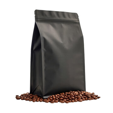 Black Matte Coffee Bag Packaging Mockup Standing on Roasted Beans for Premium Gourmet Coffee Roastery Branding