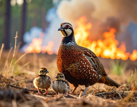 Perdiz con sus cr&iacute;as en un incendio forestal en el bosque, concepto de peligro del fuego para la fauna silvestre, la biodiversidad, conservaci&oacute;n de la naturaleza y destrucci&oacute;n del h&aacute;bitat