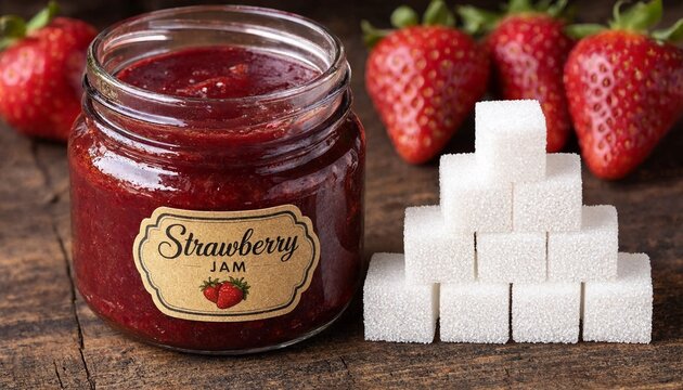 Glass jar of sweet strawberry jam positioned directly next to a measured pile of white sugar cubes representing ten to fifteen grams or three to four cubes per single tablespoon serving