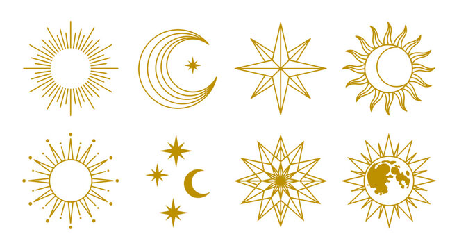 Celestial gold icons set, mystical sun and moon line art, 8 esoteric astrology symbols, golden celestial elements for branding