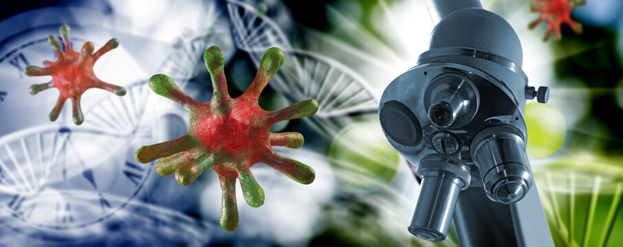 Microscope near colorful virus models with DNA strands in the background