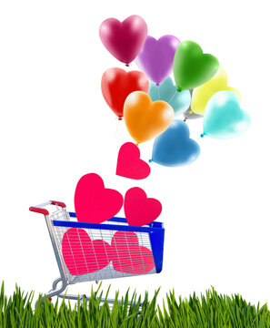 Shopping cart is filled with hearts and balloons on a green grass background