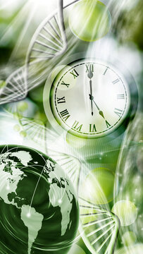 Clock, globe, and DNA strands combined in a visual representation of science and time