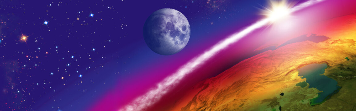 Beautiful view of a planet with a star shining and a moon in the background