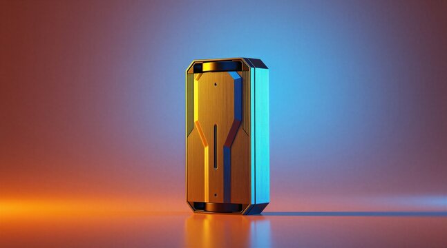 Modern rectangular metallic gadget stands against gradient background with bright orange, blue colors. Sleek industrial device features geometric tech design elements. Pro product display presents