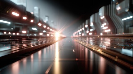 Fototapeta premium Abstract Futuristic Corridor: A high-tech, futuristic corridor with glowing neon lights and reflective metallic surfaces creates a sense of advanced technology and rapid motion.