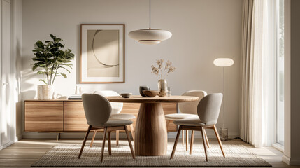 Fototapeta premium Modern Japandi Dining Room with Round Wooden Table in Bright Minimalist Interior