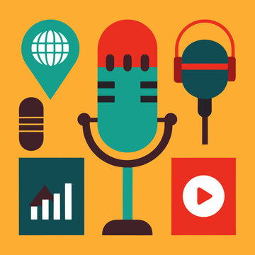 Podcast and audio recording equipment flat design set, colorful illustration with microphones and headphones.