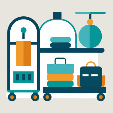 Hotel luggage cart with bags, towels, and amenities on wheels, clean and modern service concept.