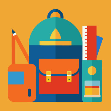 School supplies backpack, pencil, ruler, and bag with vibrant flat design elements on orange background.