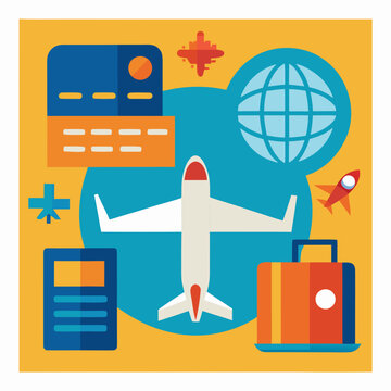 Travel concept with airplane, passport, globe, and suitcase, flat design on yellow background.