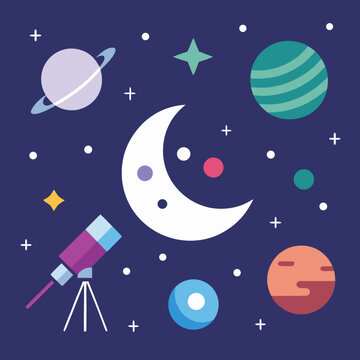 Night sky scene with various planets, stars, crescent moon, and a telescope for astronomical observation.
