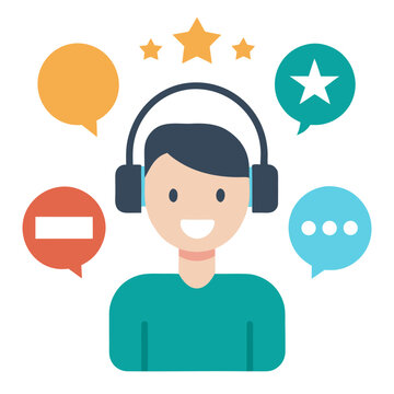 Customer service manager with headphones in call center, support specialist around communication speech bubbles and ratings.