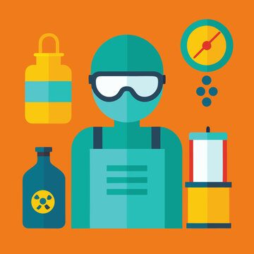 Worker in protective gear surrounded by industrial objects like a chemical bottle, radiation symbol, pressure gauge and container.