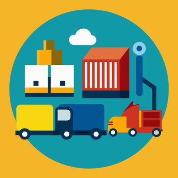 Logistics and shipping concept with various trucks, cargo containers, forklift, and packages on yellow background.