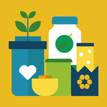 Organic health products and supplements with natural ingredients, packaging, and a green plant.