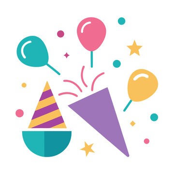 Festive celebration set with party hat and popper confetti balloons and stars in colorful flat design for birthday or holiday event decor.