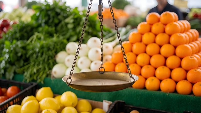 Vintage hanging scale at a local farmers market with fresh oranges, lemons, and onions displayed for sale