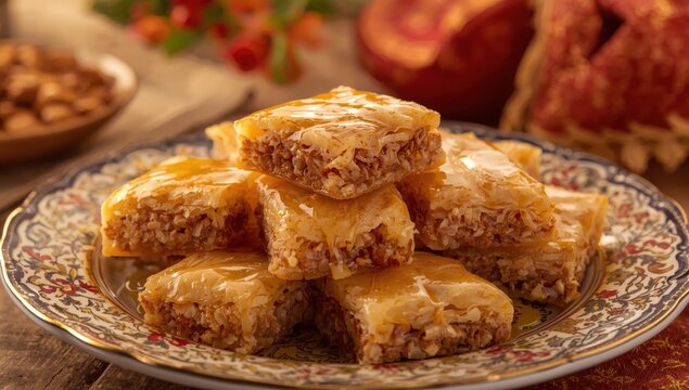 Nut-studded baklava with an Asian twist. Close-up. Cuisine.