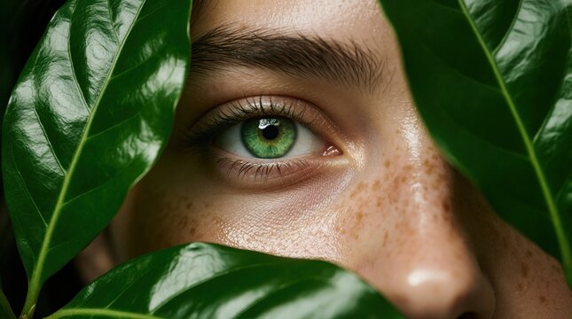 Macro close up of female green eye behind rich green leaves. Young woman skin with freckles looks through foliage. Organic beauty concept wellness skincare health connection with nature environment
