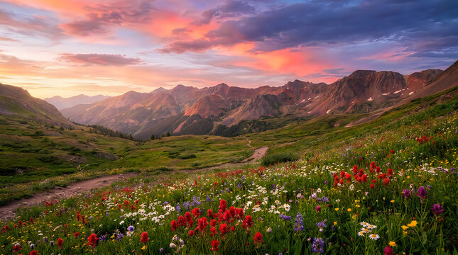 Stunning alpine meadow filled with colorful wildflowers beneath a dramatic sunset sky over the rocky mountains